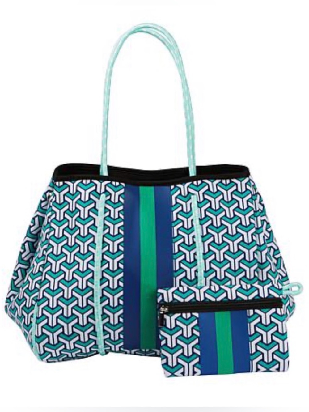 Parker & Hyde Neoprene Tote Bag Green Blue Maze Preppy Coastal Expandable New